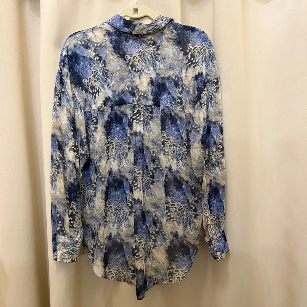 Free People Boho Sheer Abstract Print Georgette Button Blue Long Sleeve Shirt